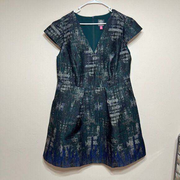 Vince Camuto Plus Size V Neck Cap Sleeve Green Jacquard Dress 16W Women - Picture 2 of 10